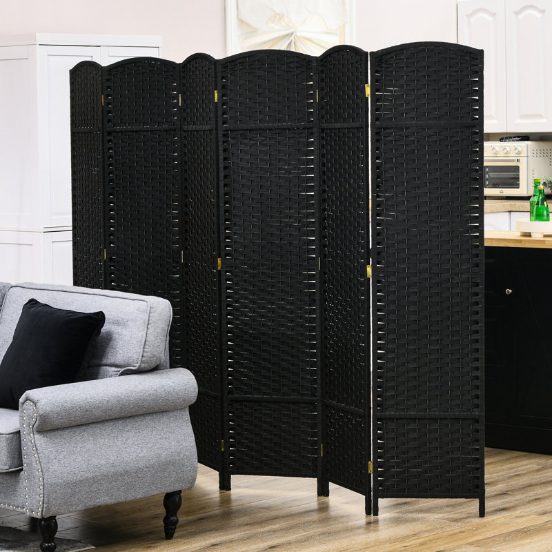 Paravent, écran d'intimité pliable à 6 panneaux de 5,6 pi de hauteur. Noir pour bureau à domicile, chambre à coucher. Cloison autoportante avec un charmant motif tissé à la main et un haut mur arqué haut. Chambre à coucher, bureau.