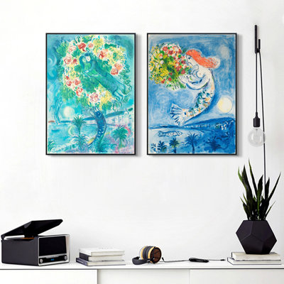 Reproduction d'art numérique sur toile encadrée, 2 pièces par Marc Chagall, série d'art mural n ° 25 pour les décorations de bureau à domicile (cadre de couleur bois mince, 18 po x 24 po chaque pièce)