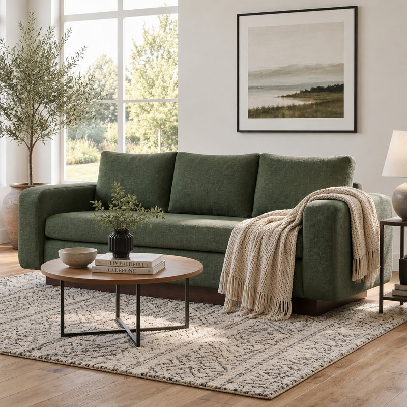 Canapé moderne en chenille 3 places avec assise spacieuse et base en bois d'hévéa robuste, parfait pour les salons et les petits espaces