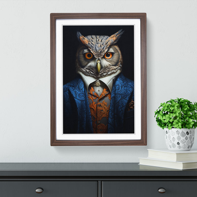 Owl Neo-Plasticism - Single Picture Frame Print on Wood, 64cm H x 46cm W x 2cm D, Walnut Framed