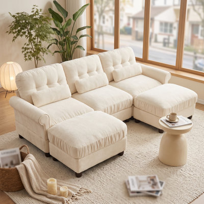 3-Seater Cottage-Inspired Ruffled Chenille Modular Sofa with 2 Ottomans, Tufted Back & Rolled Arms, Beige