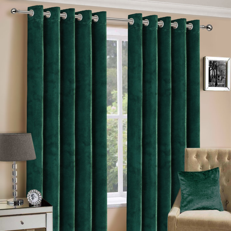 Hollange Crushed Velvet Eyelet Windows Panel Curtains, Green, 168 W x 137 D cm