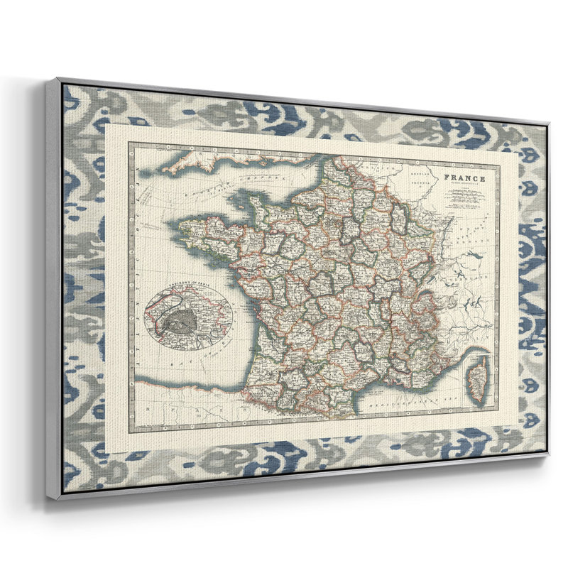 Carte frontalière de la France, H 25 po x l 37 po x P 2 po, Argent
