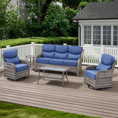 5-Piece Outdoor Wicker Patio Thick Cushion Sofa And Swivel Chairs Set With Coffee Table