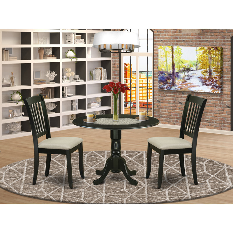3 Piece Dining Set Contains a Round Dining Room Table with Dropleaf and 2 Linen Fabric Kitchen Chairs, Black, Linen Black