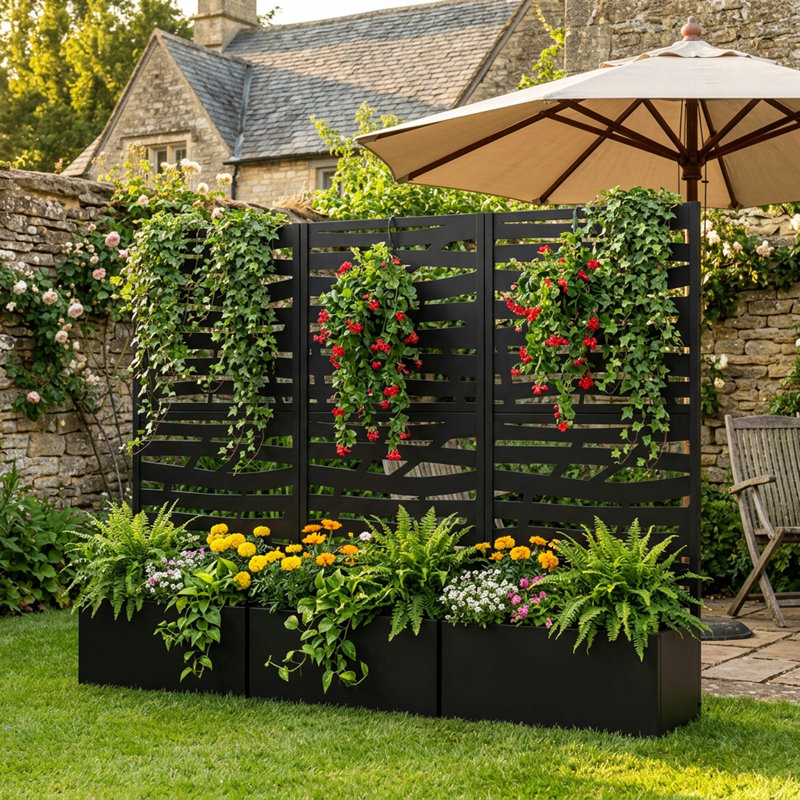 Boîte à fleurs en métal avec treillis, H 59 po x l 30 po x P 12 po, Noir