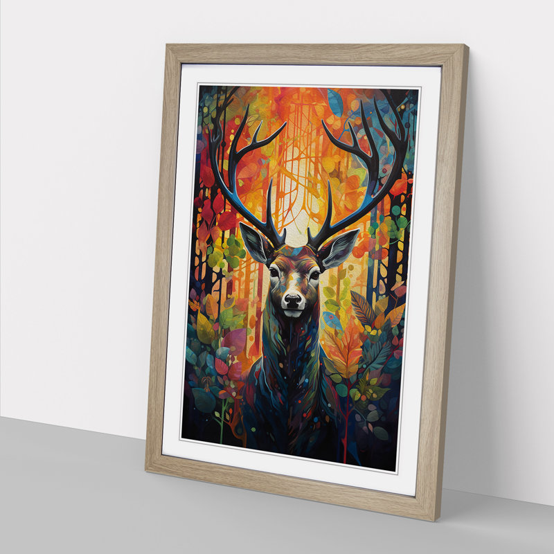 Deer Orphism - Single Picture Frame Print on Wood, Oak Framed, 46cm H x 34cm W