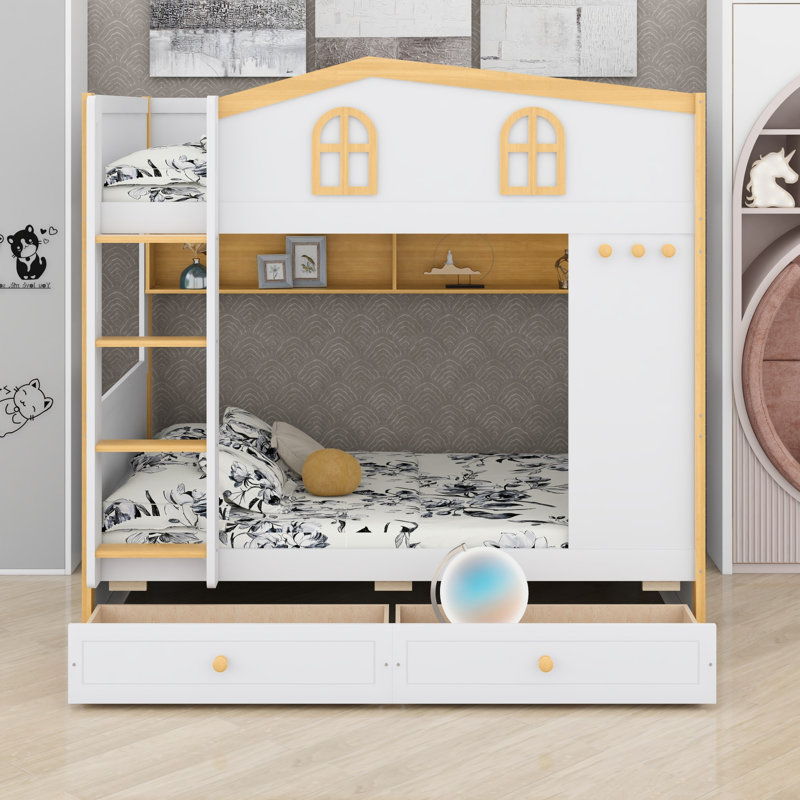 Bunk Bed with Guardrails, Storage Shelves and Drawers, Twin over Twin