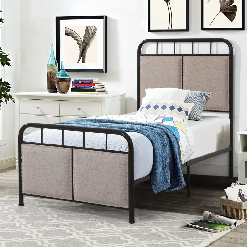 Base de lit simple tapissier en lin avec tête de lit et pied de lit en tissu