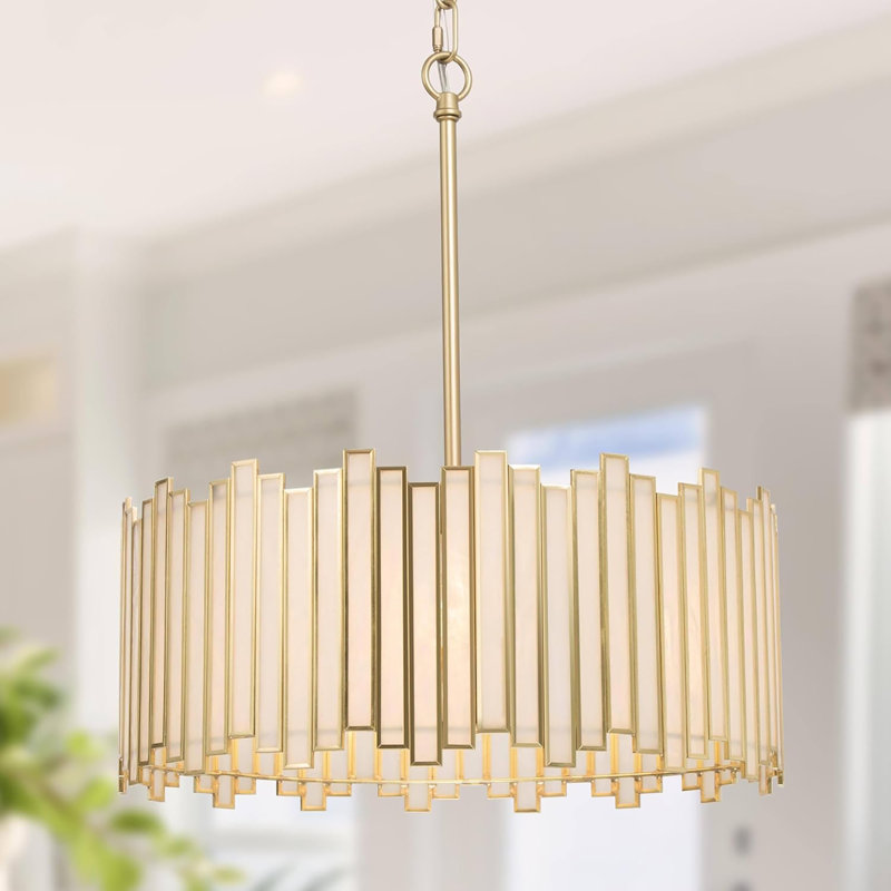 Lustre tambour doré, luminaire suspendu tambour moderne avec abat-jour en verre crème pour la salle à manger et le salon, la chambre à coucher, le vestibule et la cuisine