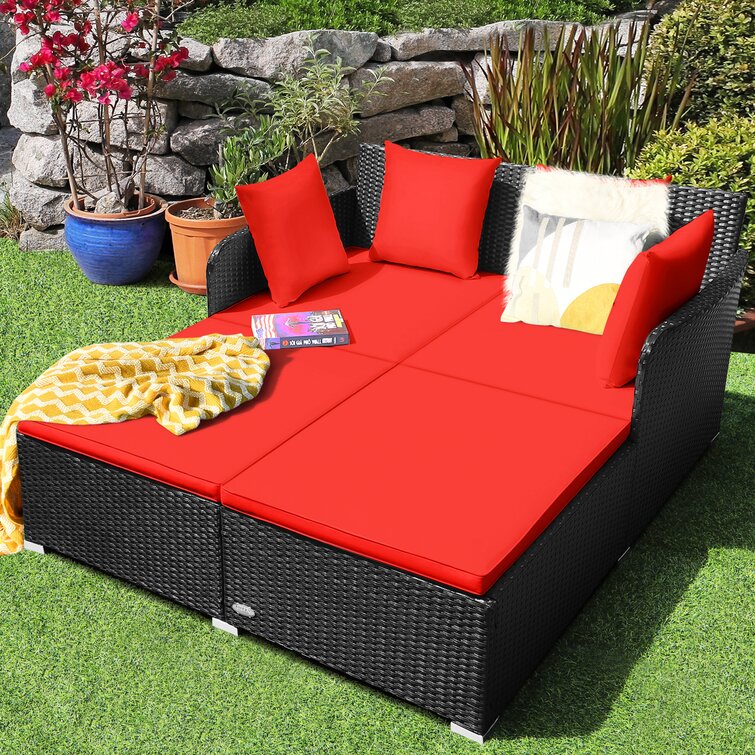 Outdoor Patio Rattan Daybed Thick Pillows Cushioned Sofa Furniture