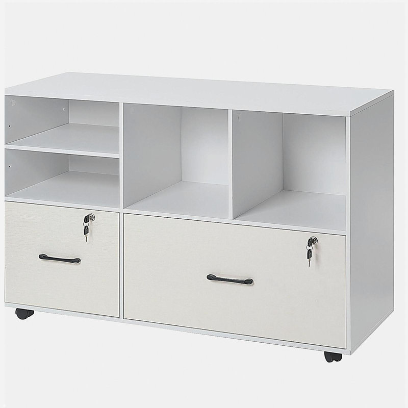 Classeur à 2 tiroirs en bois, classeur mobile avec tablettes ouvertes, rangement à dossiers latéral verrouillable avec tablettes réglables, support pour imprimante autoportant pour école de bureau à domicile, blanc