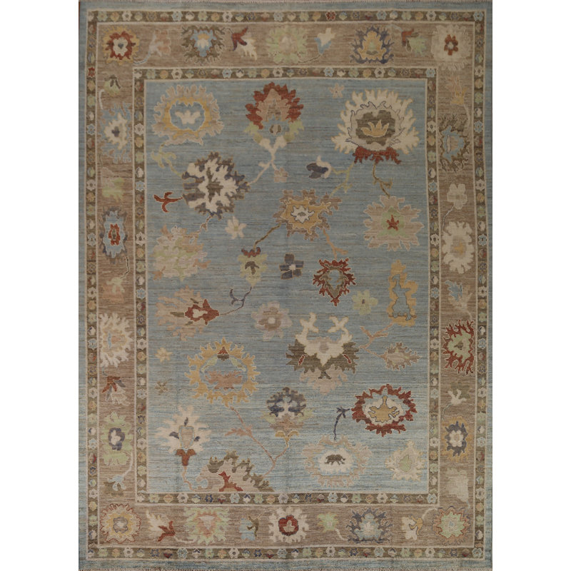 Tapis brun / bleu / rouille en laine noué à la main de conception unique 8 pi 6 po x 9 pi 10 po