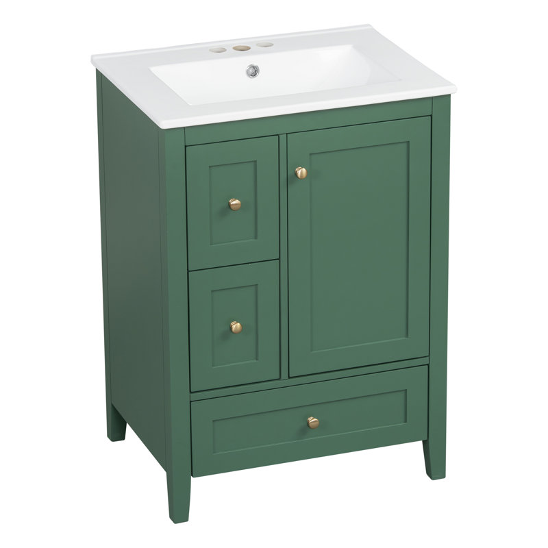 "Meuble-lavabo de 24 pouces avec rangement, tablette réglable, panneau de fibres à densité moyenne et bois d'hévéa, cloisons amovibles, finition vert foncé"