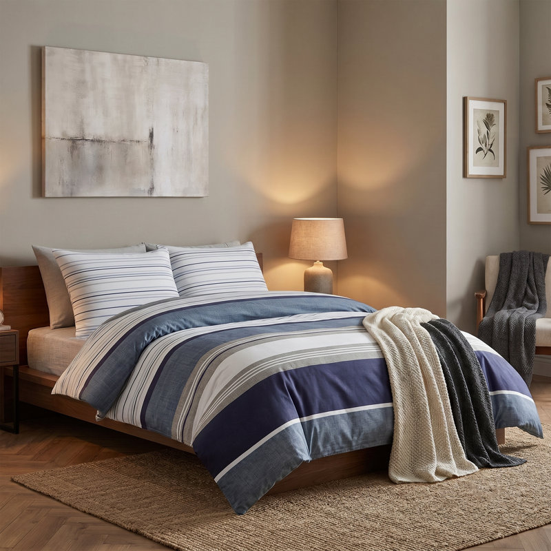 Literie Savoy à rayures 100 % coton, Housse de couette simple + 6 pièces supplémentai, Rayé bleu / blanc