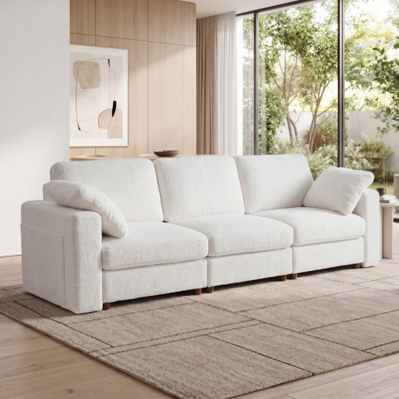 Canapé-lit modulaire rembourré à 138 places à 3 places avec 2 tables d'appoint de rangement intégrées 138 po Teddy, Blanc