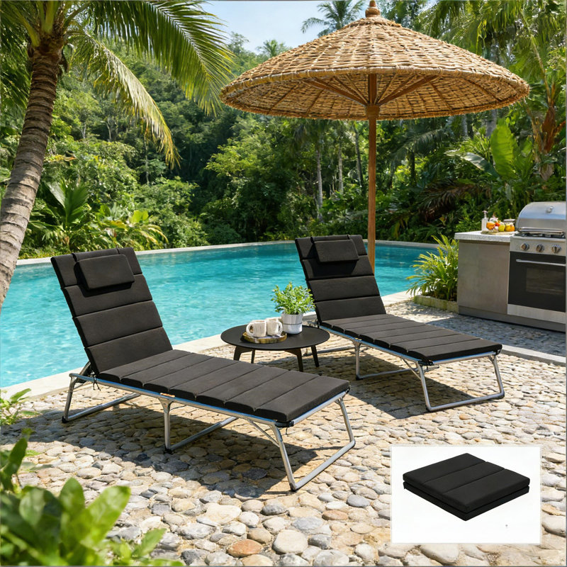 Ensemble de coussins de chaise longue d'extérieur, ensemble de 2 coussins pliables, Noir