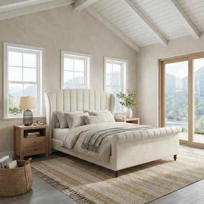 Tufted Velvet Wingback Sleigh Bed with Walnut Finish Legs