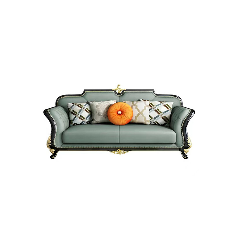 Cowhide European Villa Solid Wood Oak Sofa 88.58'' Leather Sofa, Green Genuine Leather