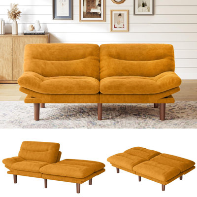 Canapé-lit futon 66 po avec dossier réglable et accoudoirs à 5 niveaux, canapé-lit en velours côtelé, causeuse pour petit espace, appartement ou bureau, jaune