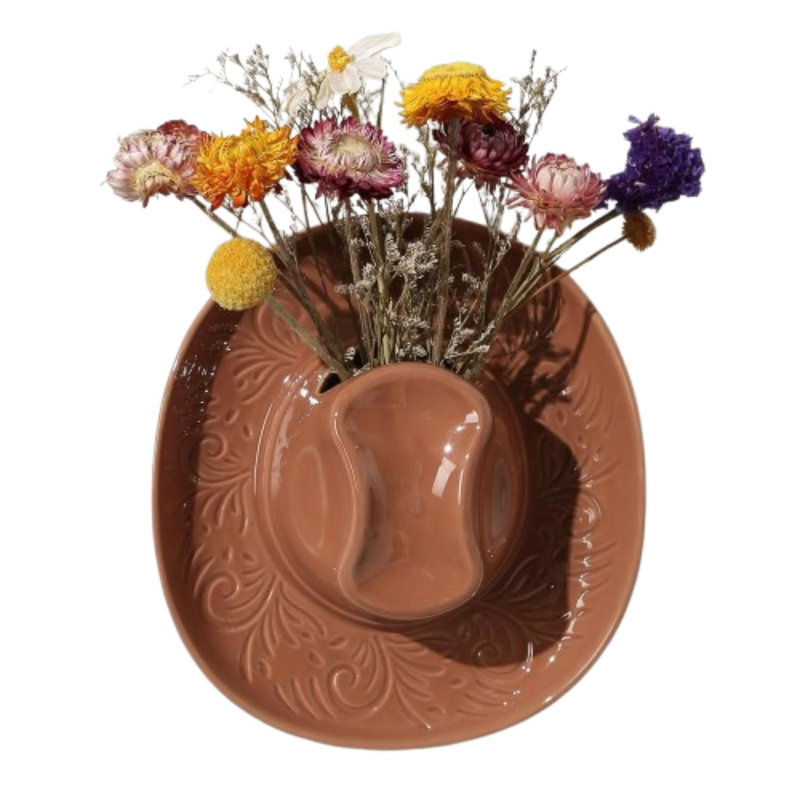 Ceramic Cowboy Hat Wall Planter Vase Brown