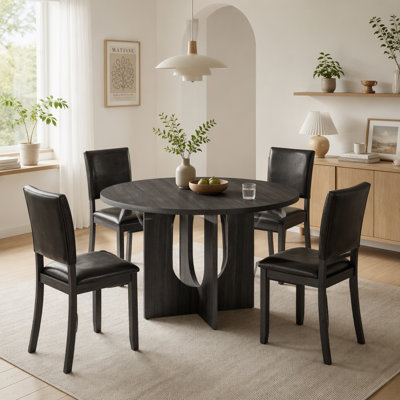 Ensemble de salle à manger rond 5 pièces pour 4 à 6 personnes, table de cuisine en bois de 120 cm (47,3 po) avec 4 chaises en cuir PU et piètement en croix, noir et brun foncé