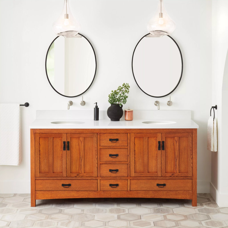 72" Maybeck Double Vanity - Tinted Oak With Undermount Sinks, Arctic White Quartz, 8" Widespread