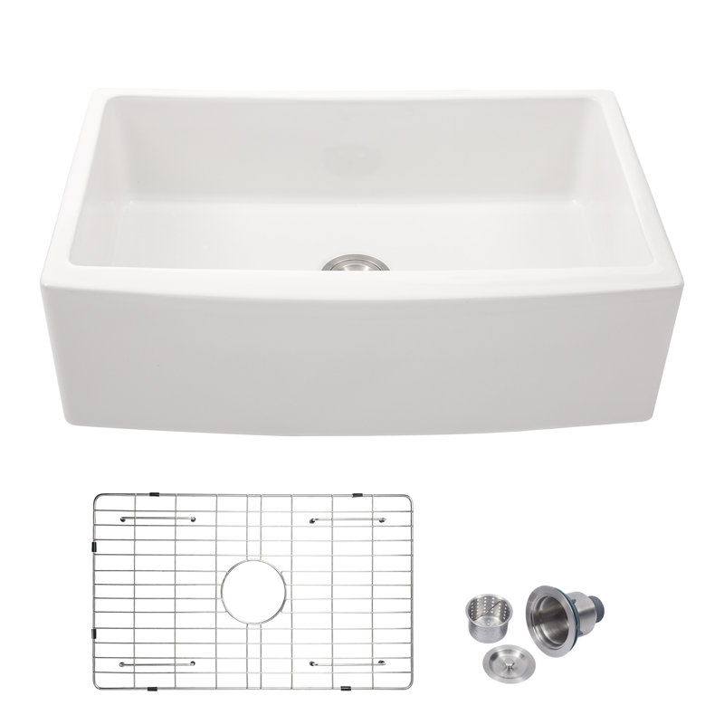 Évier de cuisine à tablier en céramique avec accessoires, H 10 po x L 33 po / tablier courbé arqué