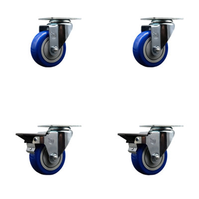 3.5 Inch Poly Wheel Swivel Top Plate Caster Set with 2 Posi Brakes SCC|SCC-20S3514-PPUB-2-PLB-2