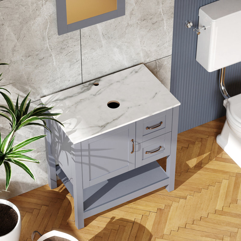 Meuble-lavabo de 30 po avec plateau et charnières en marbre résistant à l'huile - Grattage, chute et fissure, évier gris
