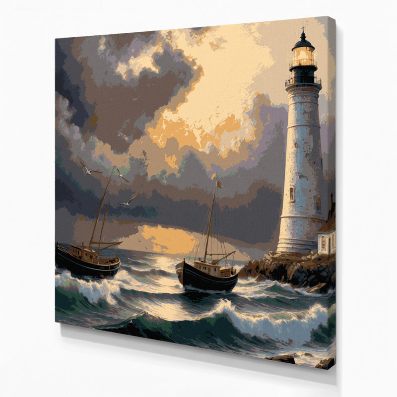 Art sur toile gris, "Phares de transport avec bateaux", H 12 po x l 12 po