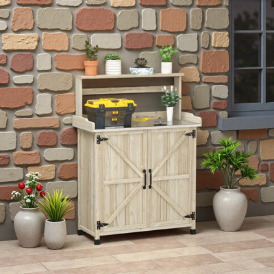 Banc de jardin avec rangement et tablettes, finition naturelle, plateau de table galvanisé, couvre-pieds en caoutchouc pour plus de stabilité