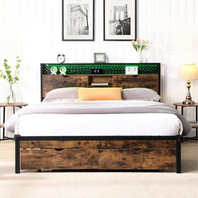Lit double en métal avec tête de lit en bois, 2 tiroirs de rangement, lumières à DEL, charge, assemblage rapide, lit plateforme à tête de lit avec charge de 600 lb, station de charge, tiroirs, sans sommier,