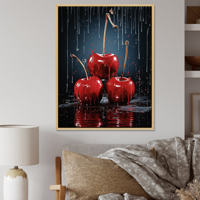 Red Cherry Delight 2 - art mural cerise, Cadre flottant brun, H 40 po x l 30 po x P 1,5 po