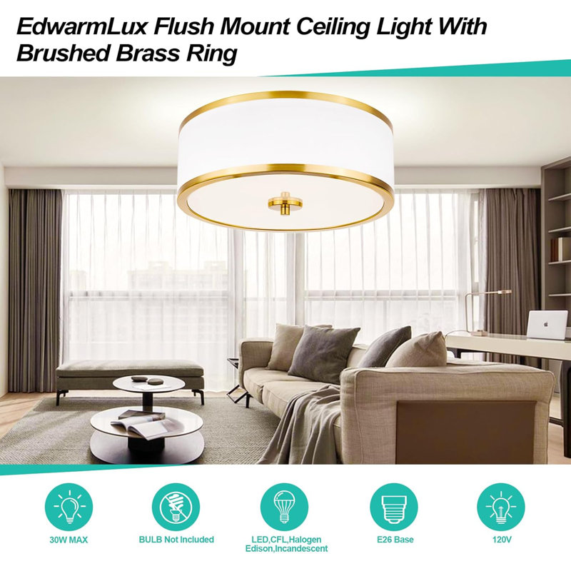 3-Light Flush Mount Ceiling Light Fixture 12.6" Drum Light With White Fabric Shade Modern Close To Ceiling Light(Brushed Gold)