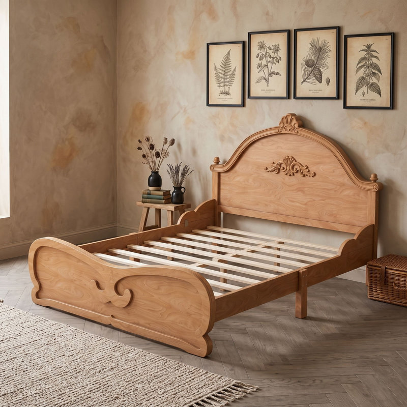 Lit plateforme en bois avec lattes et tête de lit, Lit double, Naturel