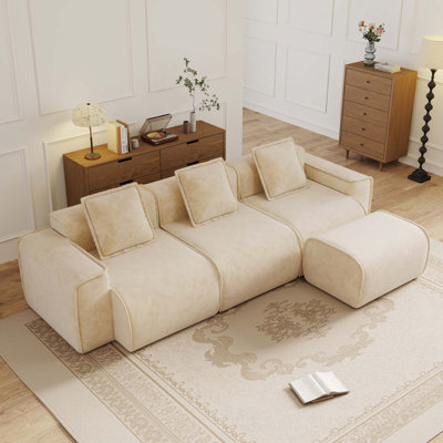Canapé modulaire en velours 3 places avec coussins décoratifs et 1 repose-pieds
