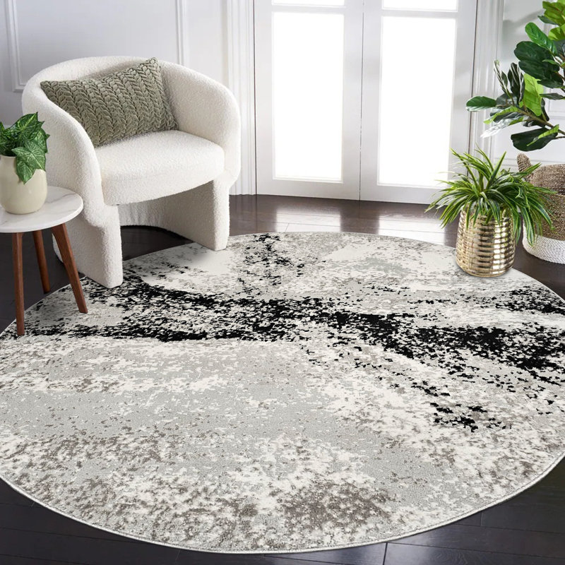 Tapis noir / ivoire / gris en polyester tissé à la machine Elek, Rond 5 pi 11 po
