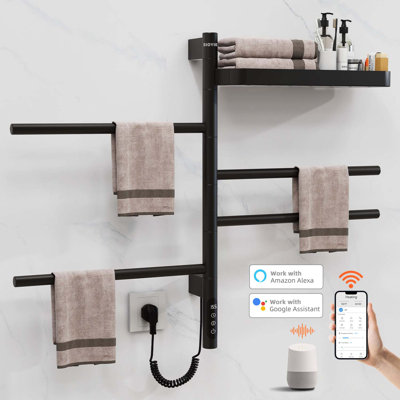 SIOYIE Smart Rotating Heated Towel Rack for Bathroom, 70W Wall-Mounted Electric Towel Dryer with Swivel Bars, 1-24H Timer, 115℉-155℉, Towel Warmer with Wi-Fi App Control, Low Carbon Steel, IPX5, Plug-in/Hardwired, Black