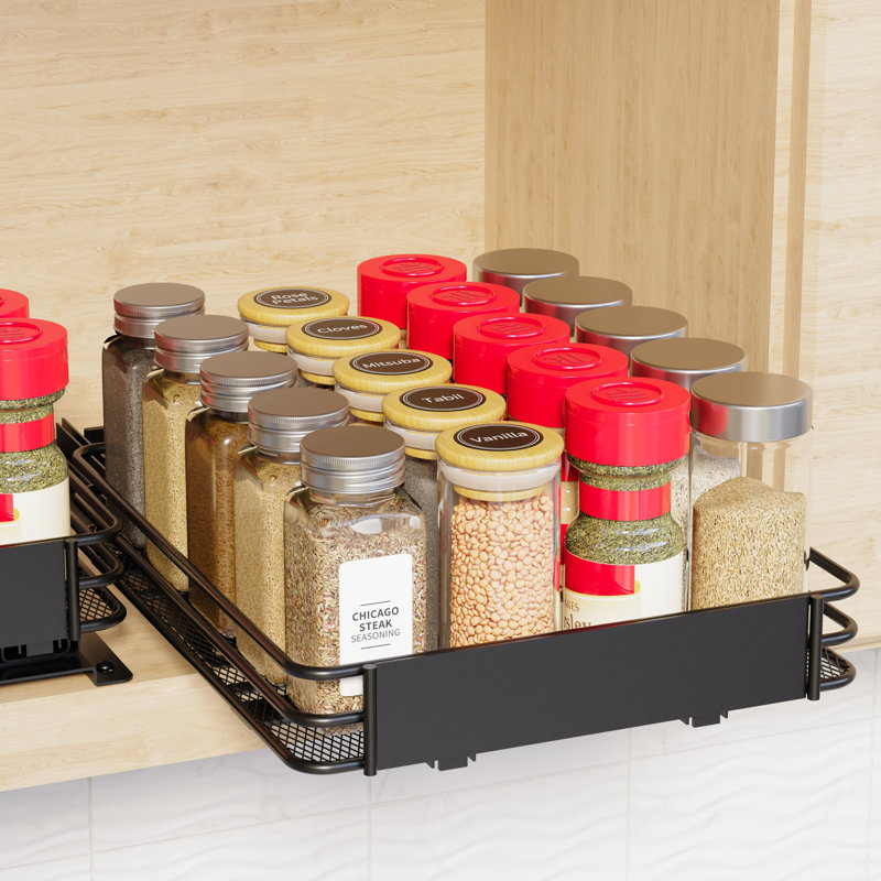 Rangement à épices à 1 niveau pour armoire, organisateur de cuisine coulissant robuste avec étiquettes et marqueur craie