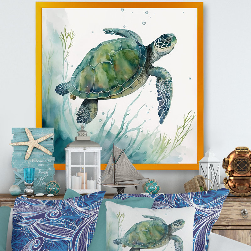 Tortue aquarelle nageant II - reproduction sur toile, H 24 po x l 24 po x P 1 po, Impression dorée sur toile encadrée