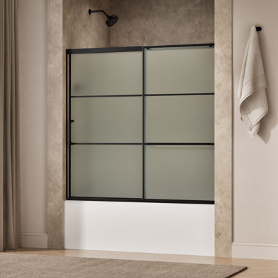Elate Sliding Bath Door, 56-3/4-In H X 56-1/4 - 59-5/8-In W With Heavy 5/16-In Thick Frosted Glass With Rectangular Grille Pattern
