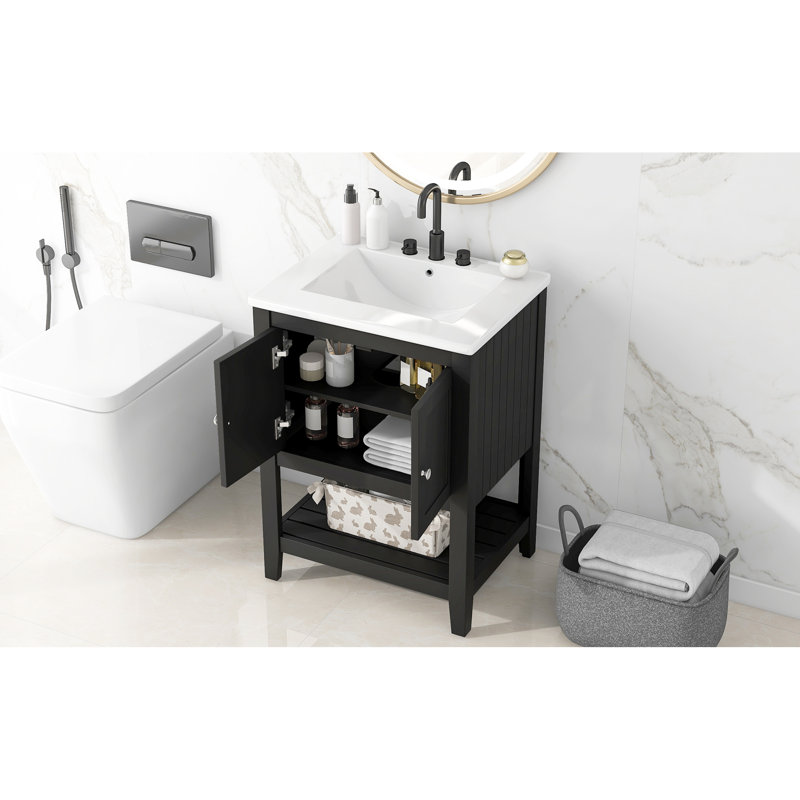 Meuble-lavabo moderne noir avec tablette ouverte et lavabo en céramique