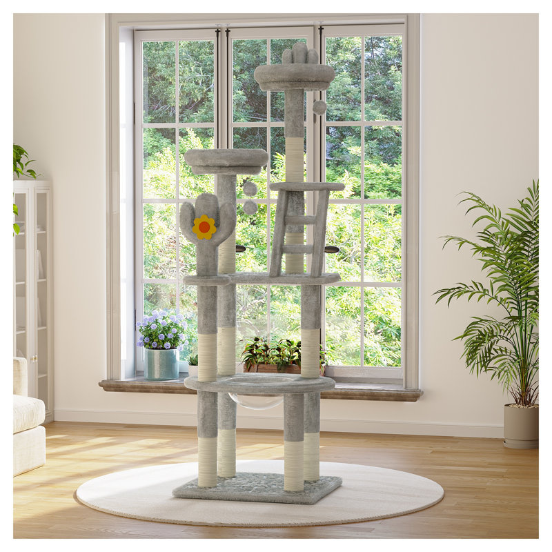 72" Tall Cactus Cat Tree with Transparent Capsule, Multi-Level Sisal Scratching Post Tower & Plush Perches for Large Indoor Cats