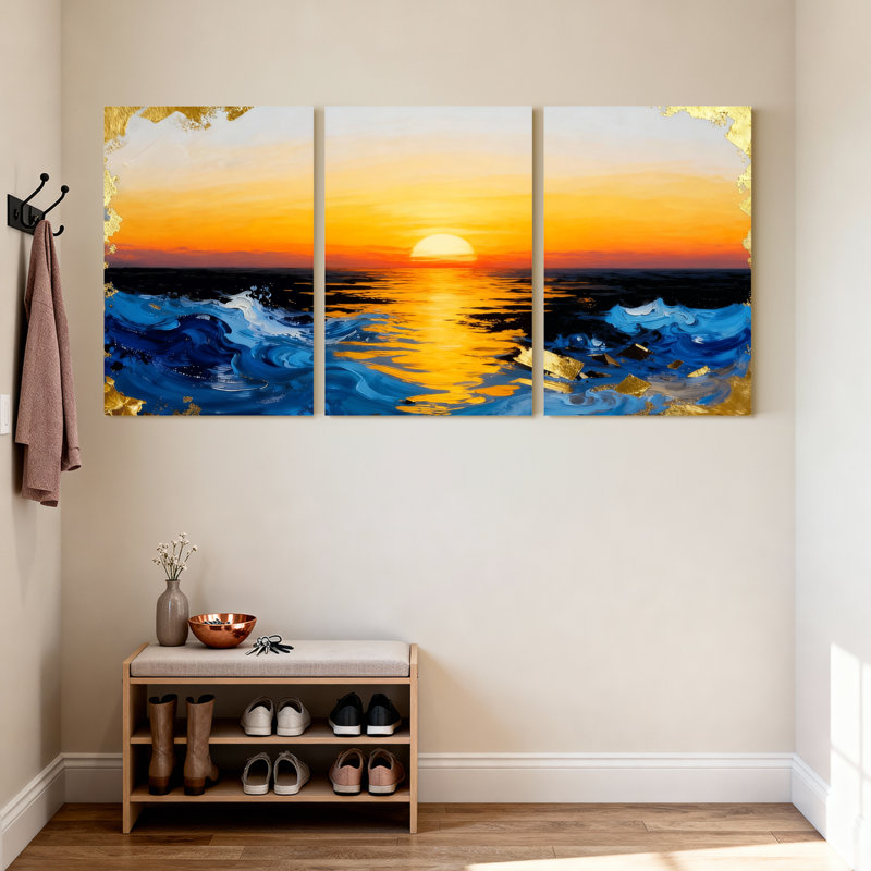 Coucher de soleil sur les vagues de l'océan, ciel doré, ensemble de 3 impressions sur toile, H 18 po x l 36 po