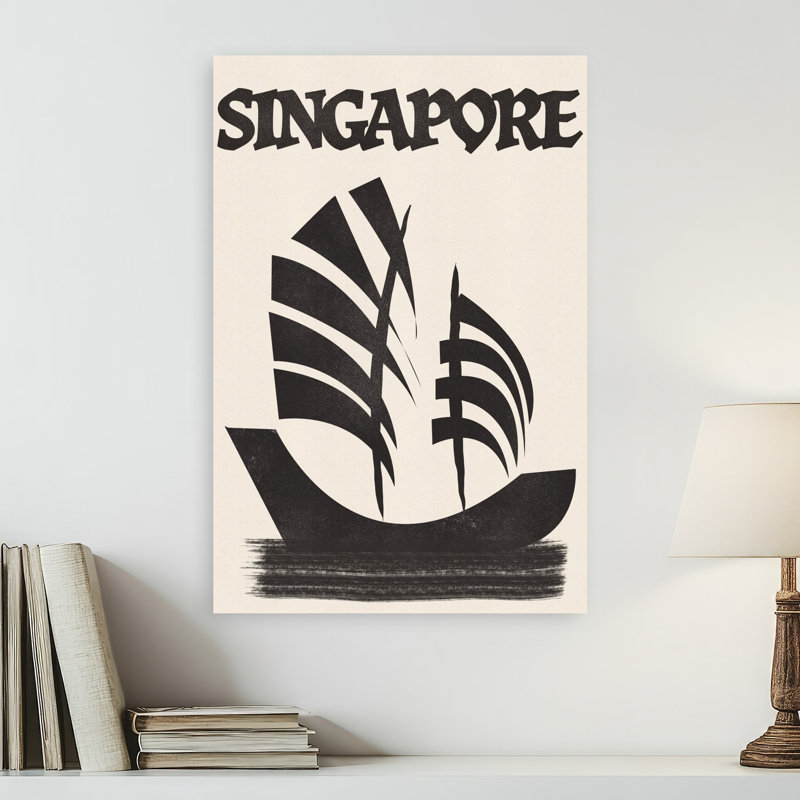 Singapore Junk Sail Minimalist Retro Traditional City Ocean Wall Art Print 1 Piece Wrapped Canvas Wall Art
