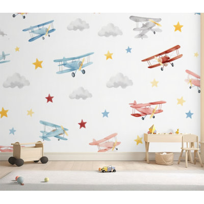Wall Mural Peel and Stick Wallpaper Cute kids watercolor for boy balloon airplanes Self-Adhesive Removable Contact Paper Wall Decor for Living Room Bedroom 69"H x 96"W
