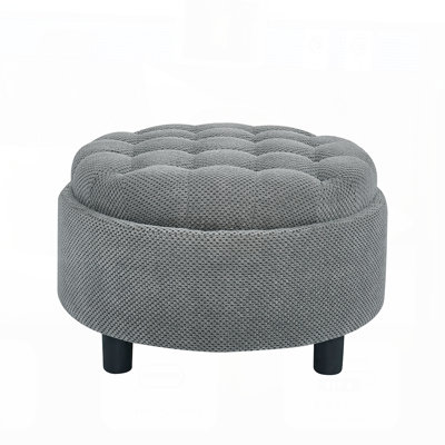 25 Inch Round Storage Ottoman with Tray, Modern Tufted Fabric Circle Coffee Table for Living Room and Bedroom