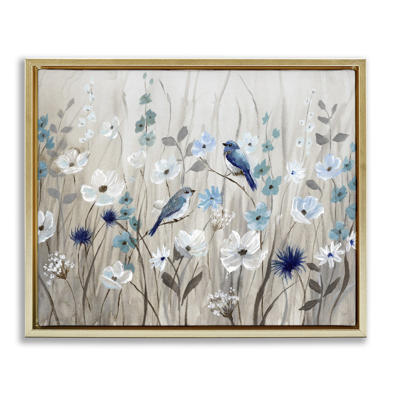 «Birds Floral Meadow Blossoms», art mural encadré flottant doré par Nan, Cadre flottant métallique doré, H 17 po x l 21 po