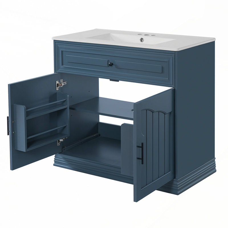 Armoire de rangement pour salle de bain avec tablettes réglables et portes à fermeture douce, Bleu